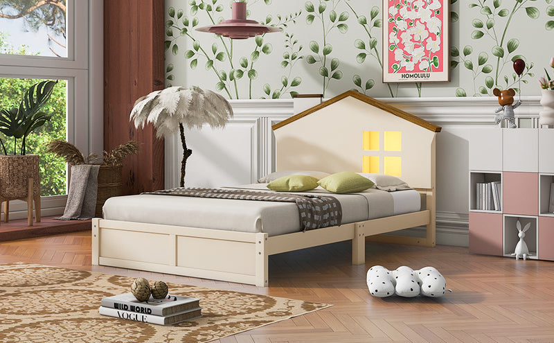 Twin Size Wood Platform Bed with House-shaped Headboard and Built-in LED, Walnut+Milk White