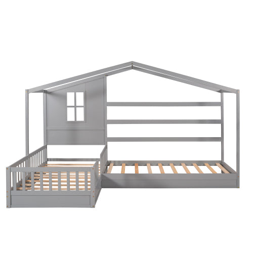 Wood House Bed Twin Size, 2 Twin Solid Bed L structure with fence and slatted frame, Gray