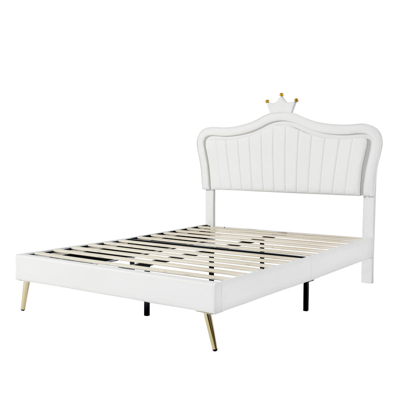 Queen Size Upholstered Bed Frame with LED Lights,Modern Upholstered Princess Bed With Crown Headboard,White