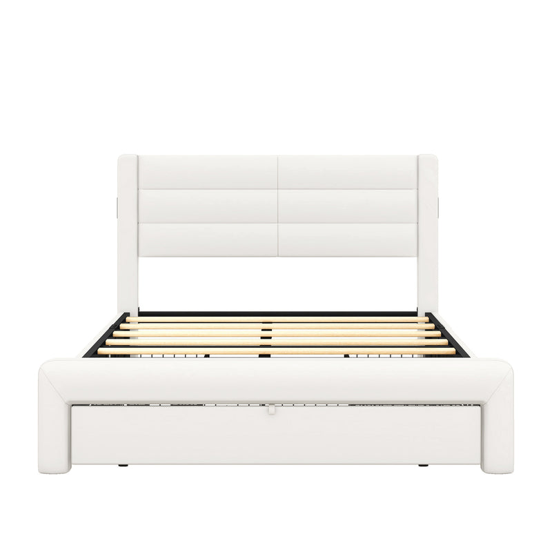 Queen Size Bed Frame with Drawers Storage, Leather Upholstered Platform Bed with Charging Station, White (Expect arrive date Jan. 12th. 2024)