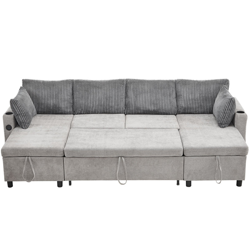 Sectional Sofa Pull Out Sofa Bed Versatile Sofa Sleeper With Large Storage Space, Two USB Ports And Two Cup Holders For Living Room