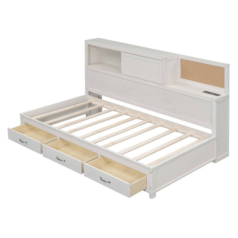 Twin Size Wooden Daybed with 3 Storage Drawers, Upper Soft Board, shelf, and a set of Sockets and USB Ports, White