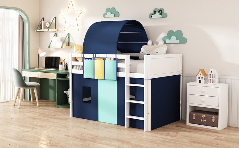 Twin Size Loft Bed with Tent and Tower  and  Three Pockets- Blue