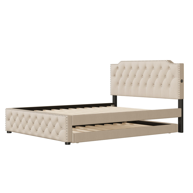 Queen Size Upholstered Platform Bed with Twin Size Trundle and 2 sets of USB Ports on each side, Linen Fabric, Beige