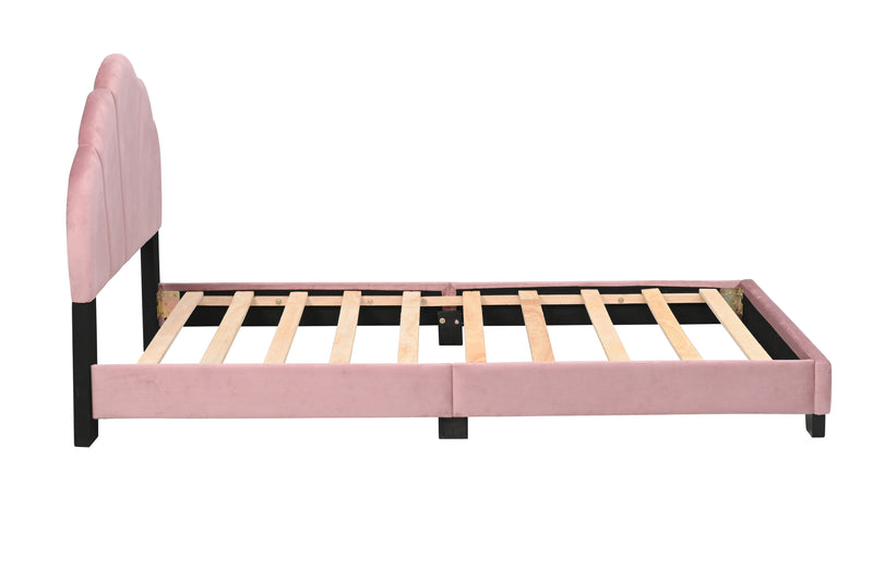 Upholstered Twin Size Platform Bed for Kids, with Slatted Bed Base, No Box Spring Needed, Pink color, Shell Design