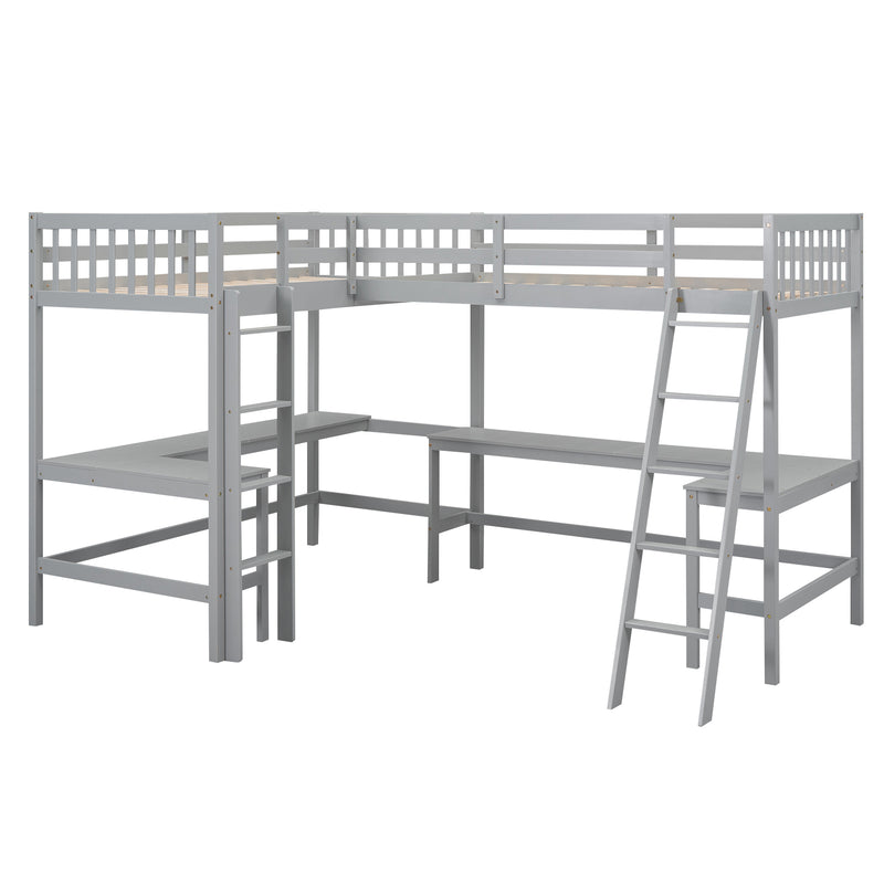 Wood Twin Size L-Shaped Loft Bed with Ladder and 2 Built-in L-Shaped Desks, Gray