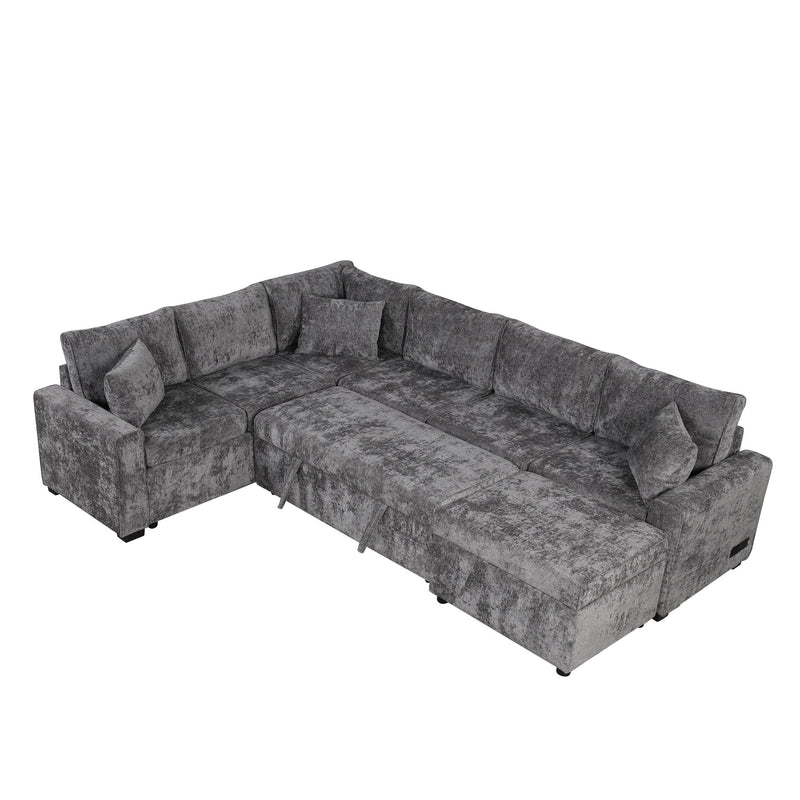 Sectional Sofa Pull-Out Sofa Bed Sleeper With A Storage Ottoman, Three Pillows And Charging Devices For Living Room