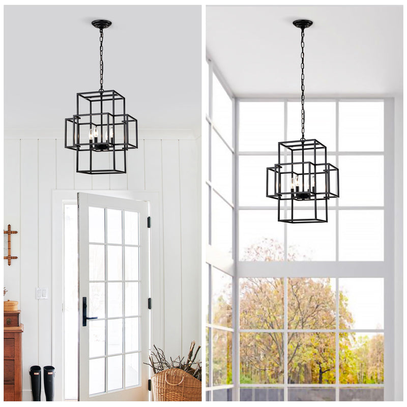 4 Light Metal Lantern Tiered Pendant Hanging Light Fixtures, Industrial Farmhouse Adjustable Height Chandeliers For Dining Room Hallway Foyer Entryway (E12 Bulbs Not Included)