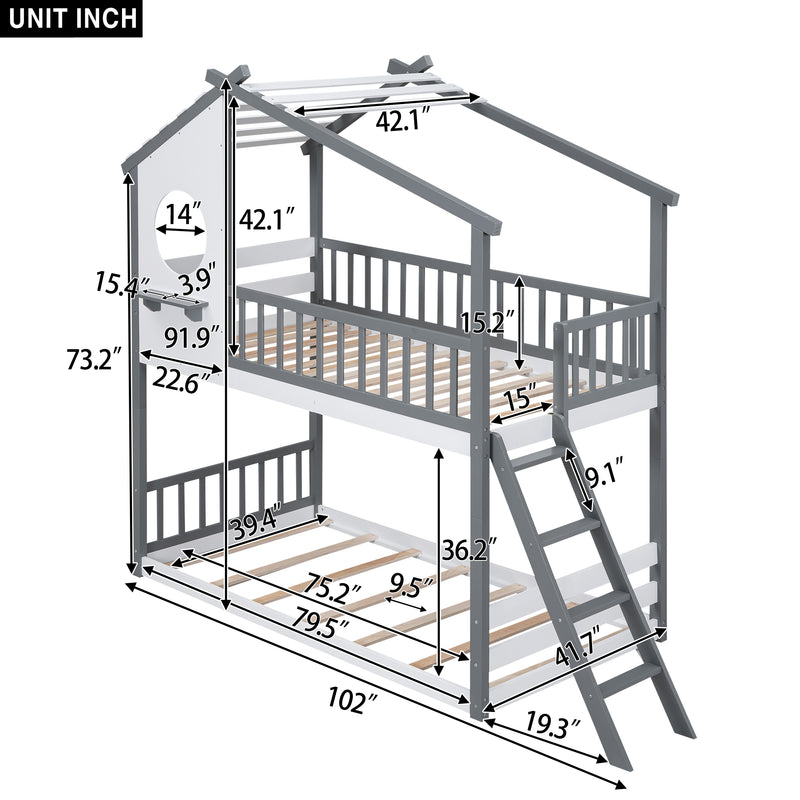 Twin Over Twin Bunk Bed Wood Bed with Roof, Window, Ladder,Gray(OLD SKU :LT100008AAE)