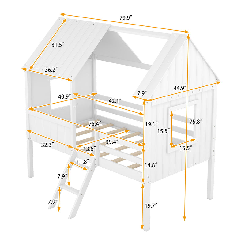 Low Loft Wooden House Bed With Two Side Windows