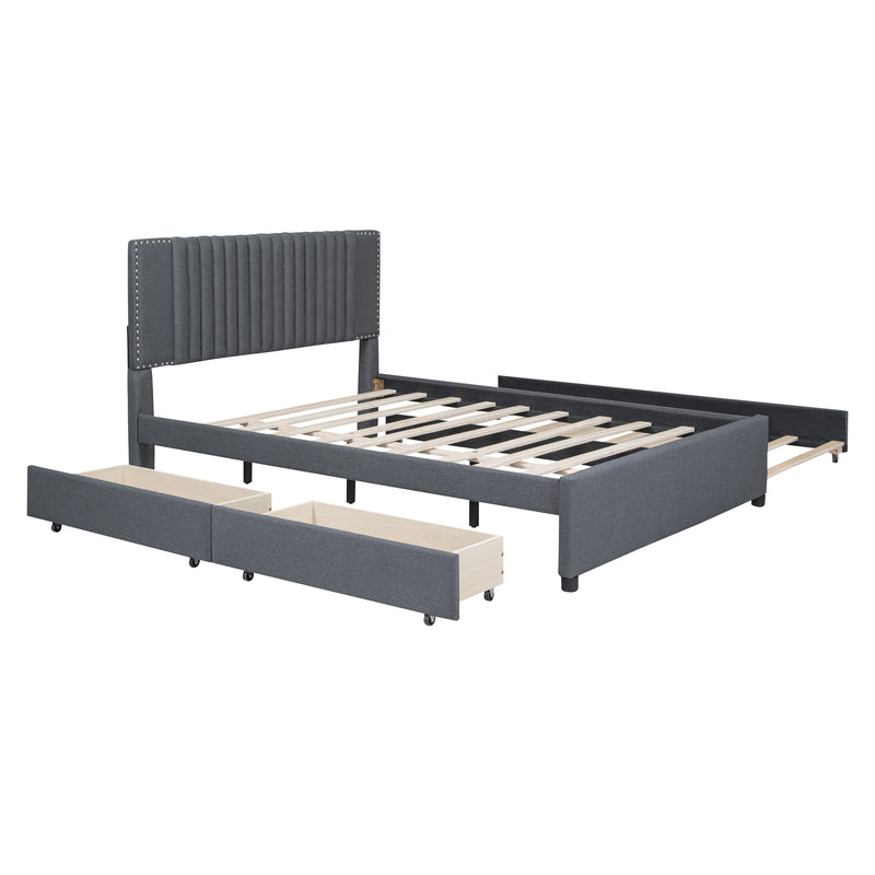 Queen Size Upholstered Platform Bed with 2 Drawers and 1 Twin XL Trundle, Classic Headboard Design, Gray