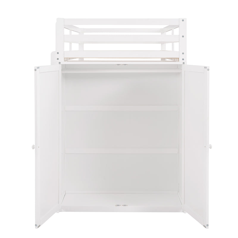 Twin size Loft Bed with Drawers,Desk,and Wardrobe-White