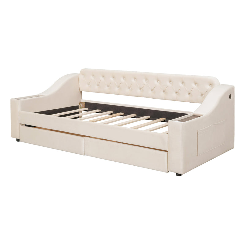 Twin Size Upholstered Daybed with Storage Armrests and USB Port, Beige