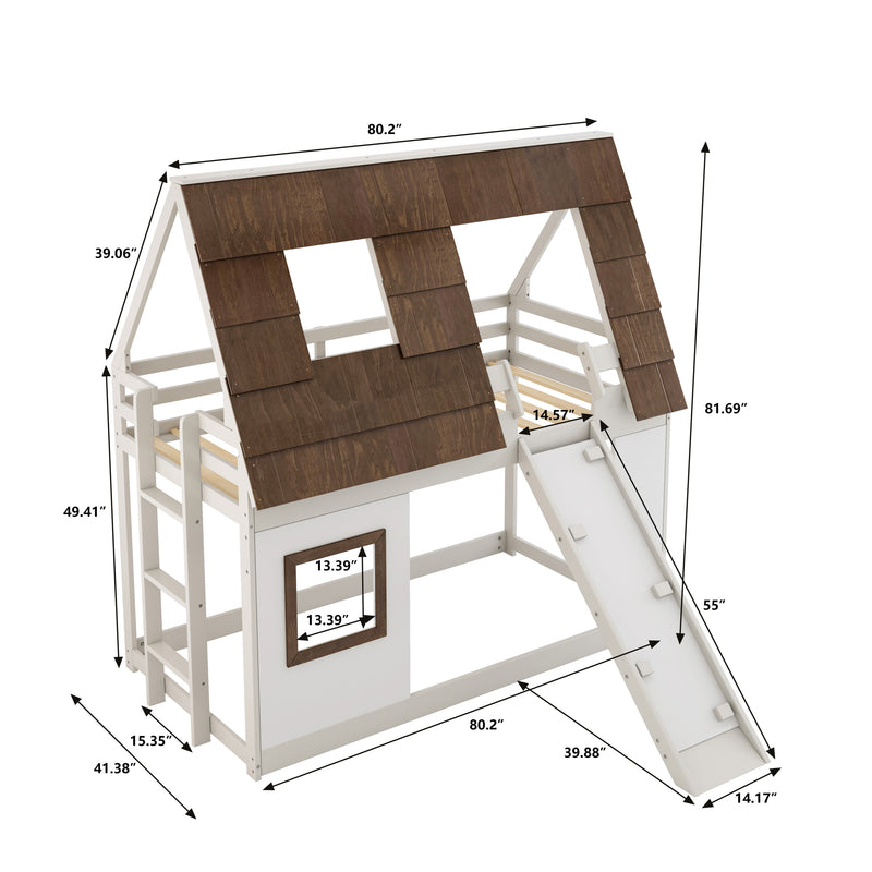 Cozy and Fun Wood Twin Size House Bunk Bed with Window Roof Shape Design with Ladder and Climbing Ramp, Brown+White