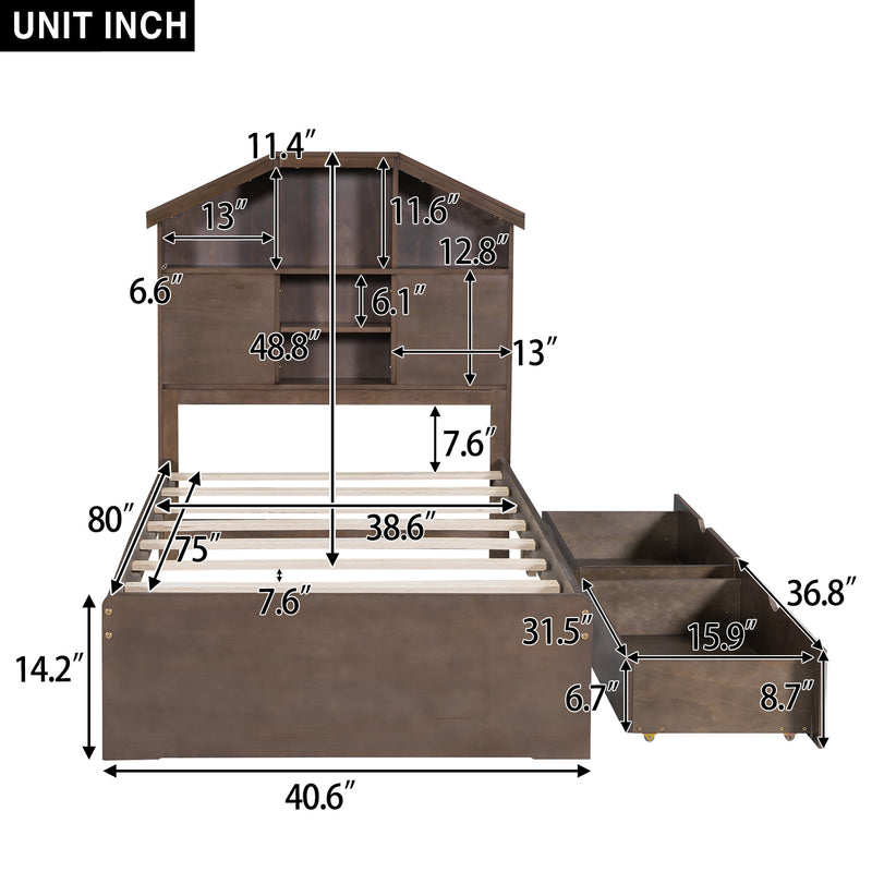 Twin Size Wood Platform Bed with House-shaped Storage Headboard and 2 Drawers, Walnut