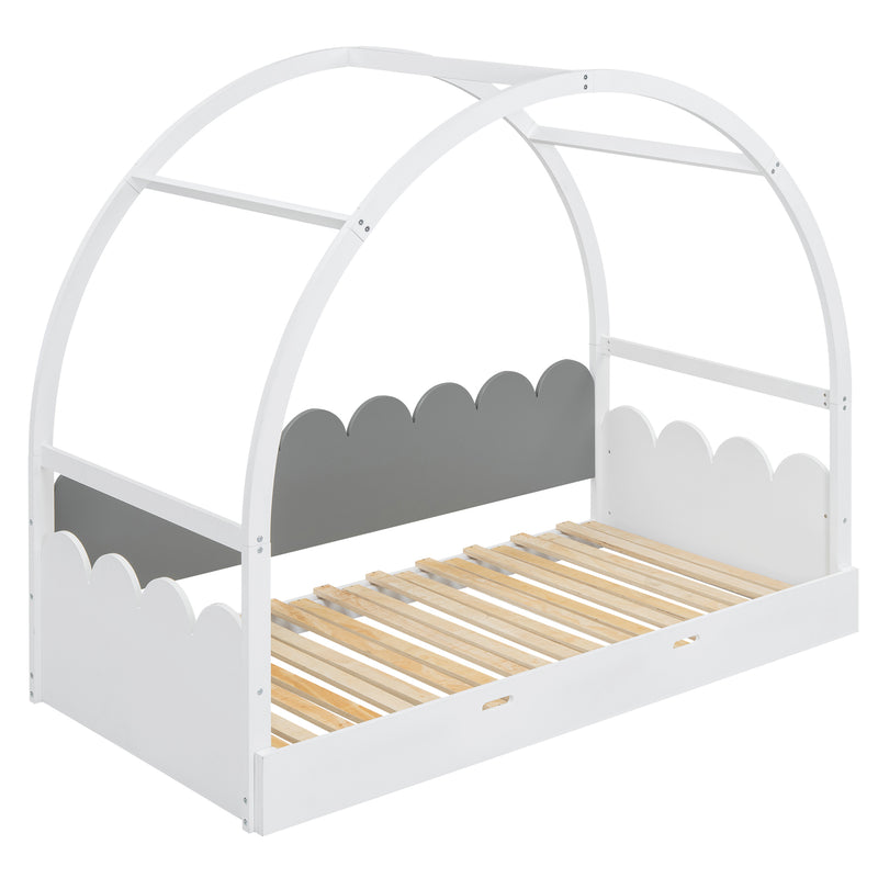 Twin size stretchable vaulted roof bed, children's bed pine wood frame, white+gray