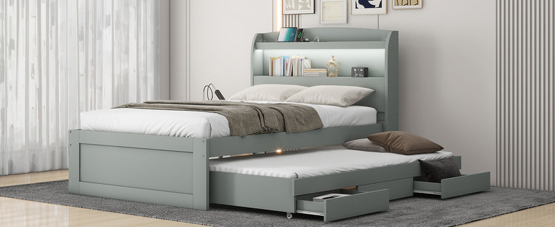 Twin XL Size Platform Bed with Storage LED Headboard, Charging Station, Twin Size Trundle and 2 Drawers, Gray