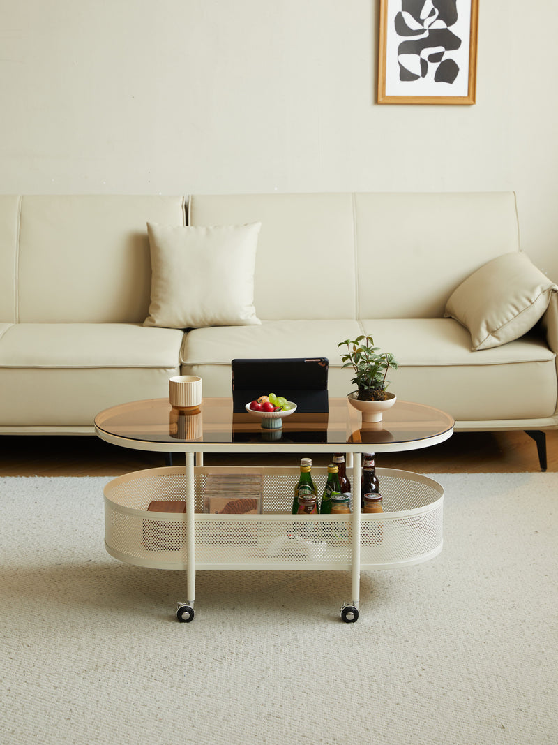 Movable Oval Metal Glass Coffee Table With Storage - White