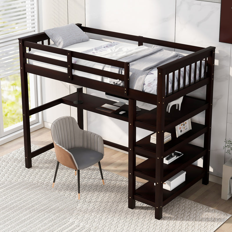 Twin Size Loft Bed with Storage Shelves and Under-bed Desk, Espresso(OLD SKU:SM000245AAP-1)