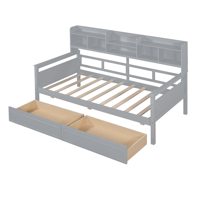 Twin size Daybed, Wood Slat Support, with Bedside Shelves and Two Drawers, Gray