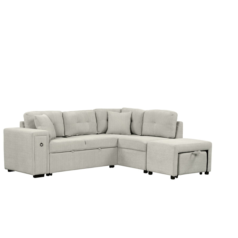 Sectional Sofa L-Shaped Sofa Couch Pull-Out Sofa Bed With A Movable Ottoman, Two USB Ports And Two Cup Holders For Living Room