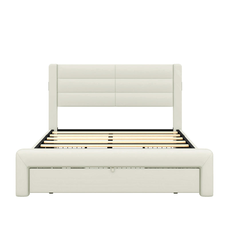 Queen Size Bed Frame with Drawers Storage, Leather Upholstered Platform Bed with Charging Station,Beige