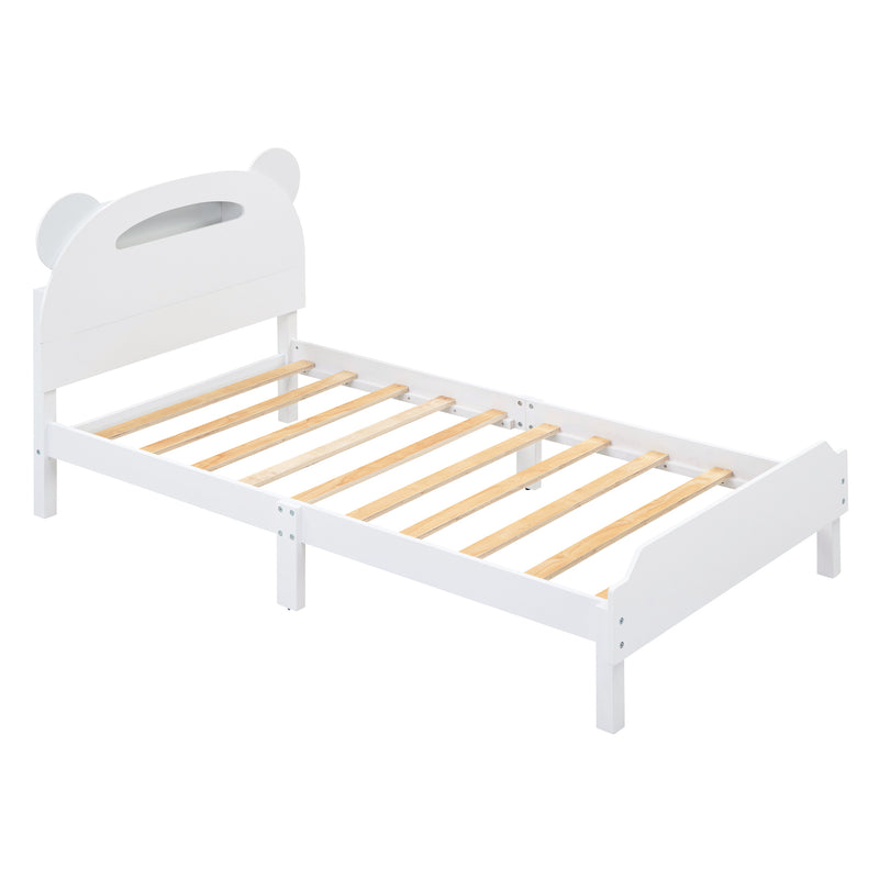 Twin Size Wood Platform Bed with Bear-shaped Headboard,Bed with Motion Activated Night Lights,White