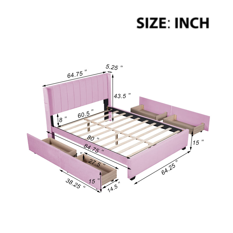 Queen Size Upholstered Bed with 4 Drawers, Pink