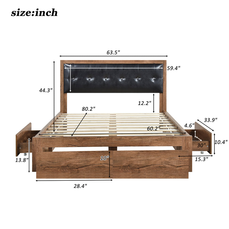 Queen Size Wood Platform Bed with Upholstered Headboard and 4 Drawers