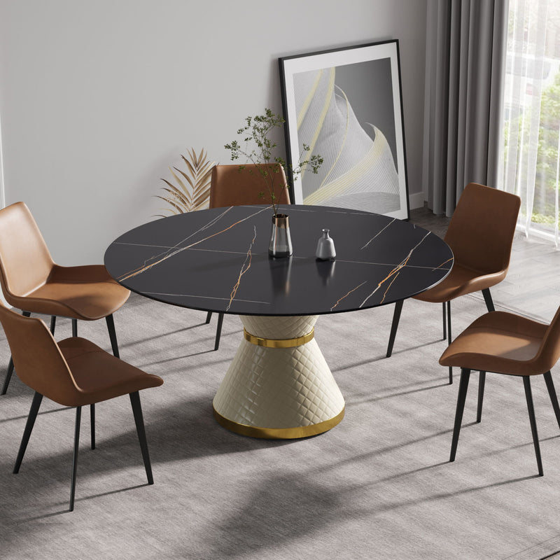 59.05" Modern Artificial Stone Round Carbon Steel Base Dining Table, Can Accommodate 6 People - Black / White