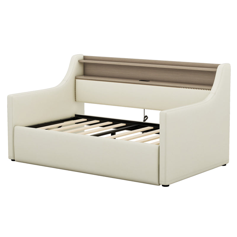 Twin Size Daybed with Hydraulic Storage, Upholstered Daybed with Lift Up Storage, Twin Leather Daybed with Charging Station and LED Lights,Beige