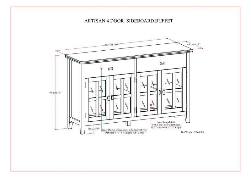 Artisan - Large 4 Door Sideboard Buffet - Russet Brown