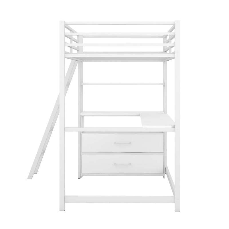 Twin Size Metal&Wood Loft Bed with Desk and Shelves, Two Built-in Drawers, White