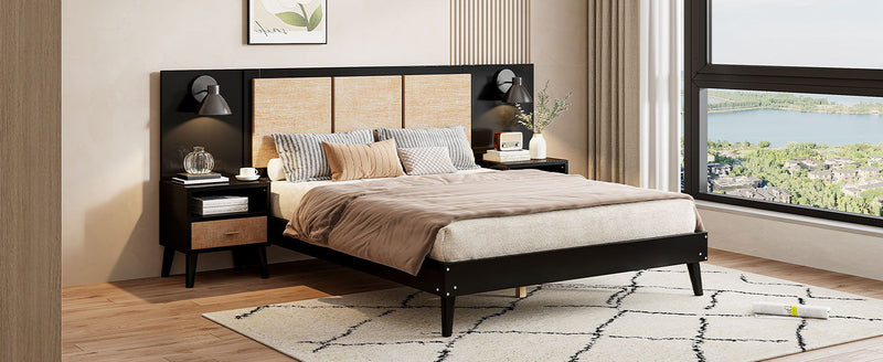 Solid Wood Bed Frame With 2 Nightstands, Elegant Design With Lamps, Rattan And Wood Combination