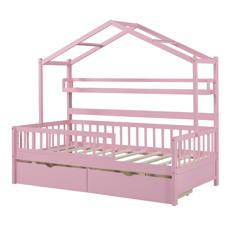 Wooden Twin Size House Bed with 2 Drawers,Kids Bed with Storage Shelf, Pink