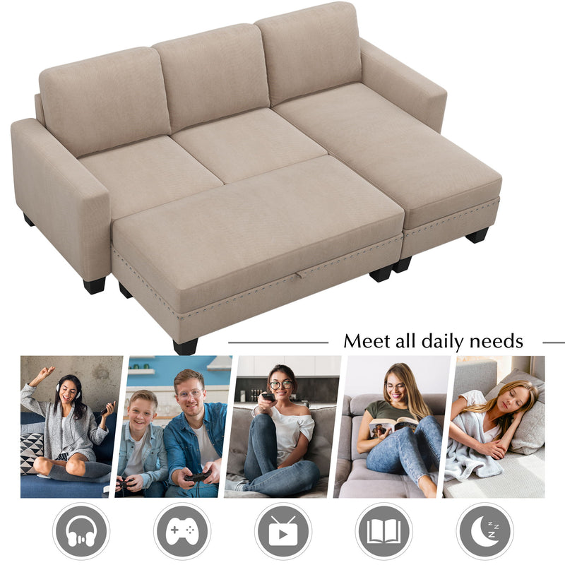 Reversible Sectional Couch With Storage Chaise L-Shaped Sofa Sectional Set, Sectional Sofa With Ottoman, Nailhead Textured Linen Fabric 3 Pieces Sofa Set - Warm Gray