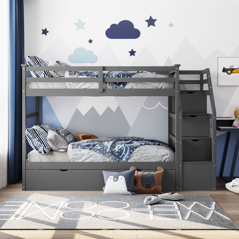 Twin-Over-Twin Bunk Bed with Twin Size Trundle and 3 Storage Stairs,Gray (OLD SKU :LP000064AAE)