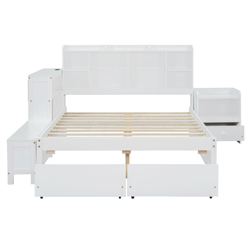 Platform Bed With Multi Functional Storage Space, Nightstand, 2 Drawers, USB Ports And Desk