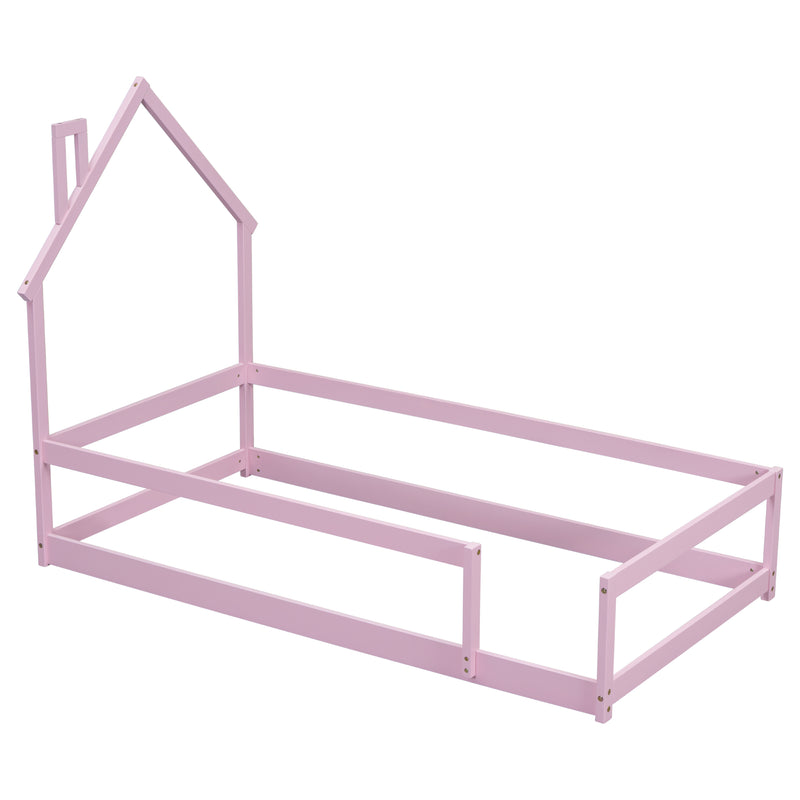 Twin Size Wood bed with House-shaped Headboard Floor bed with Fences,Pink