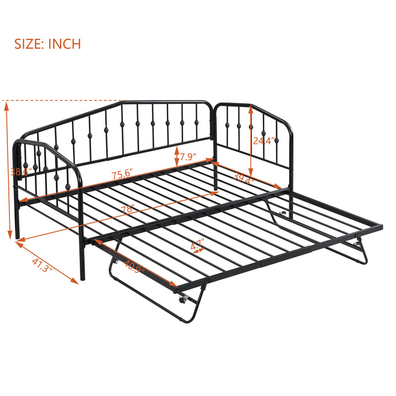 Twin Size Stylish Metal Daybed with Twin Size Adjustable Trundle, Portable Folding Trundle, Black