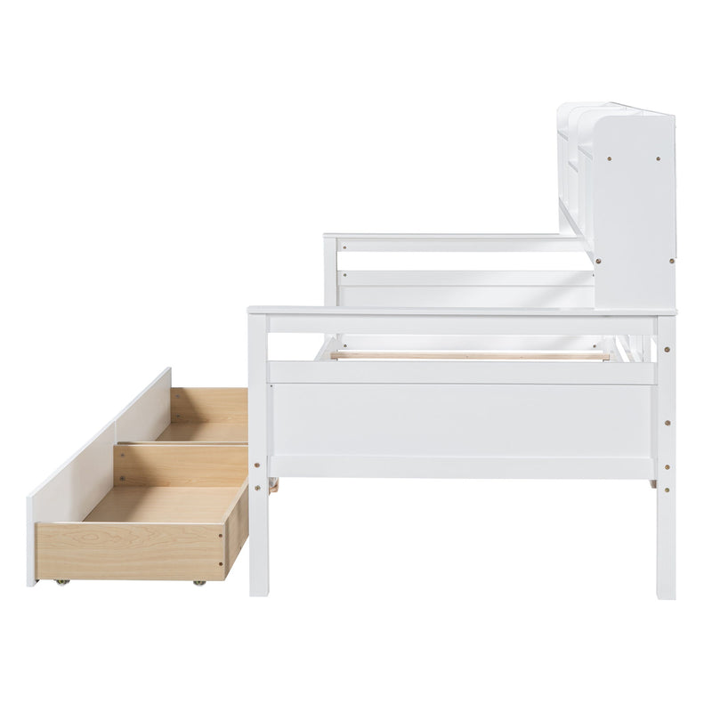 Daybed, Wood Slat Support, With Bedside Shelves And Two Drawers