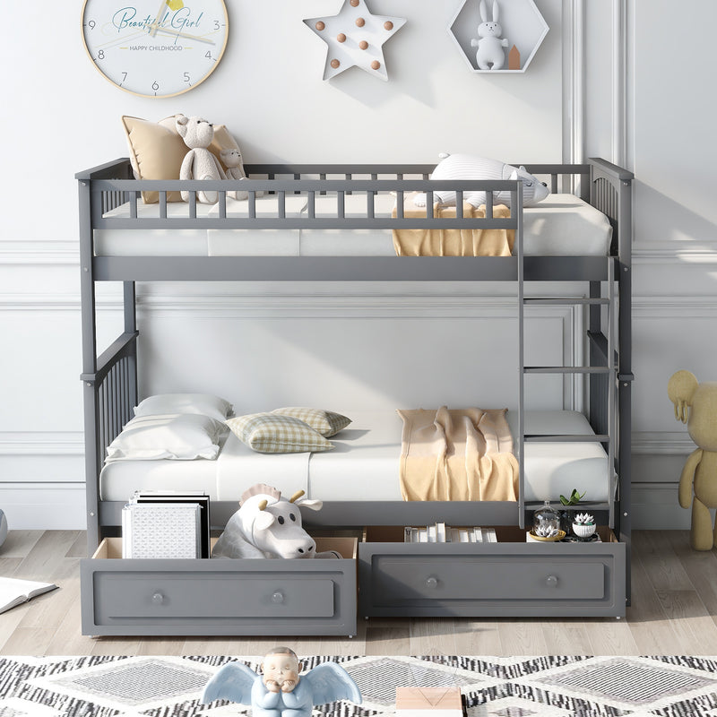 Twin over Twin Bunk Bed with Drawers, Convertible Beds, Gray(Old SKU: SM000240AAE-1)