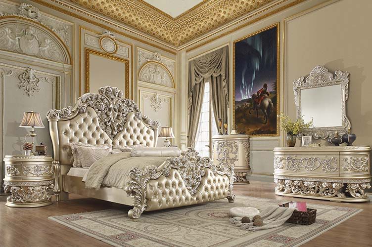 Vatican - Eastern King Bed - PU Leather, Light Gold & Champagne Silver Finish