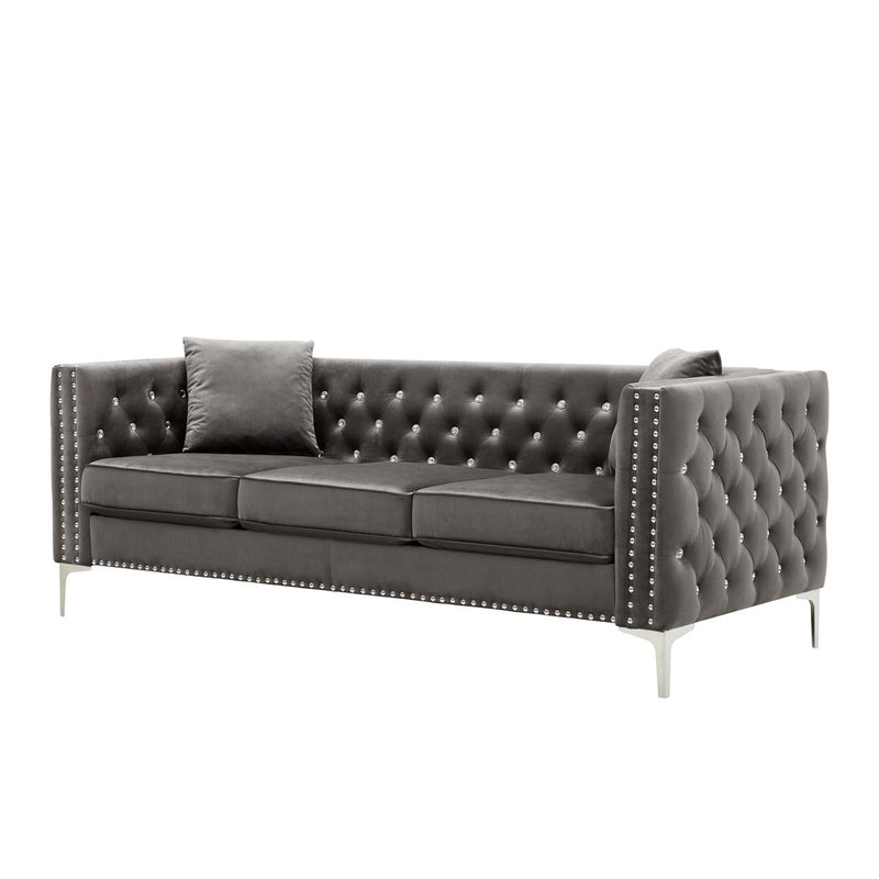 Modern Sofa Jeweled Buttons Tufted Square Arm Couch, 2 Pillows Included