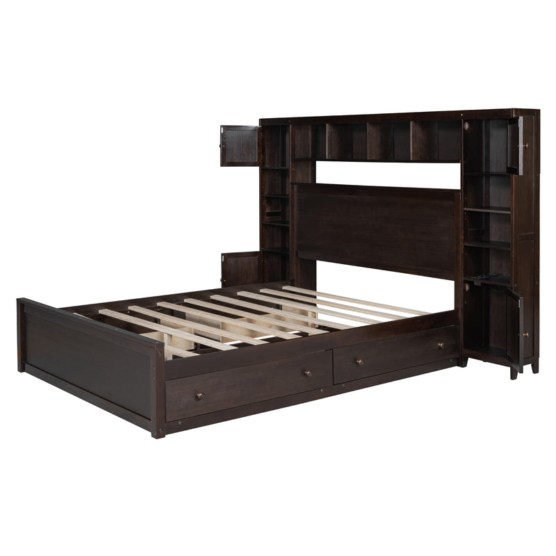 Queen Size Wooden Bed With All-in-One Cabinet, Shelf and Sockets, Espresso