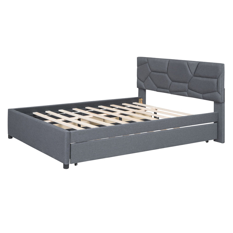 Upholstered Platform Bed With Brick Pattern Headboard And Twin Long Size Trundle