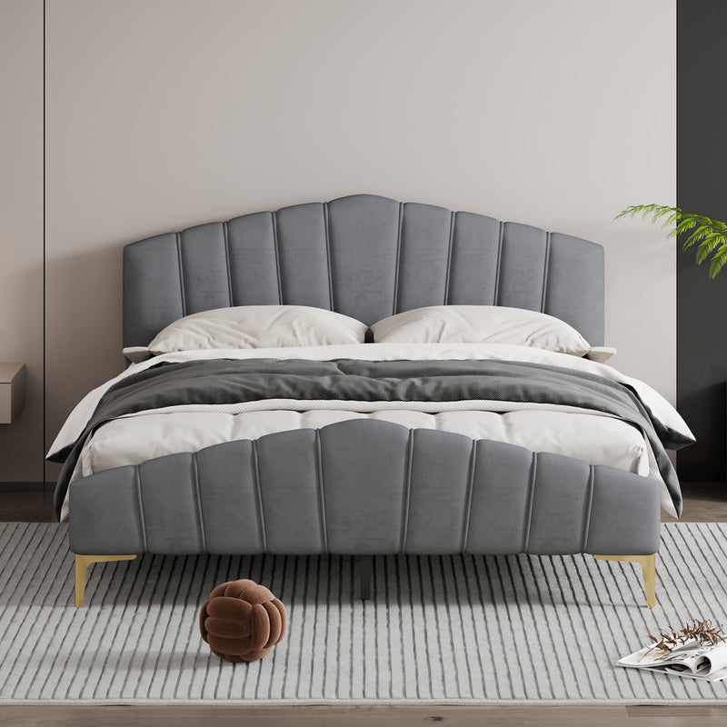 Queen Size Velvet Platform Bed with Thick Fabric, Stylish Stripe Decorated Bedboard and Elegant Metal Bed Leg, Gray