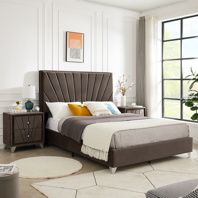 B108 Full bed with two nightstands, Beautiful line stripe cushion headboard , strong wooden slats + metal legs with Electroplate