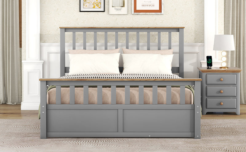 Queen Size Wood Platform Bed with Two Drawers and Wooden Slat Support,Gray+Natrual