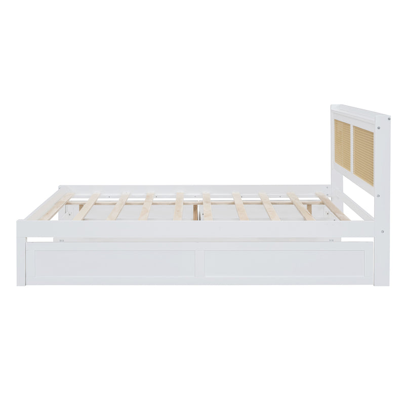 Queen Size Elegant Bed Frame with Rattan Headboard and Sockets ,White